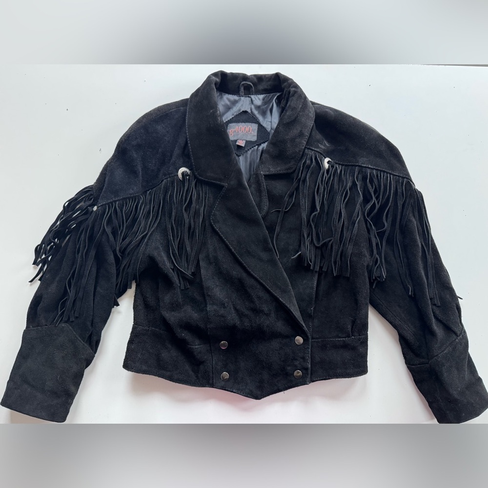 Vintage G4000 Black Cropped Suede Leather Fringe Boho Western Jacket Women’s M